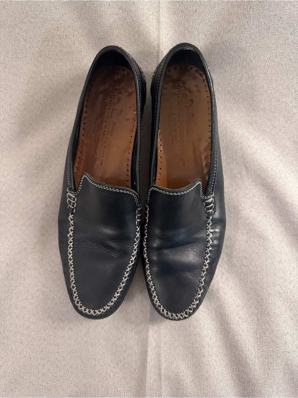 Salvatore Ferragamo Navy Leather Slip-On Loafers with Contrast Stitching